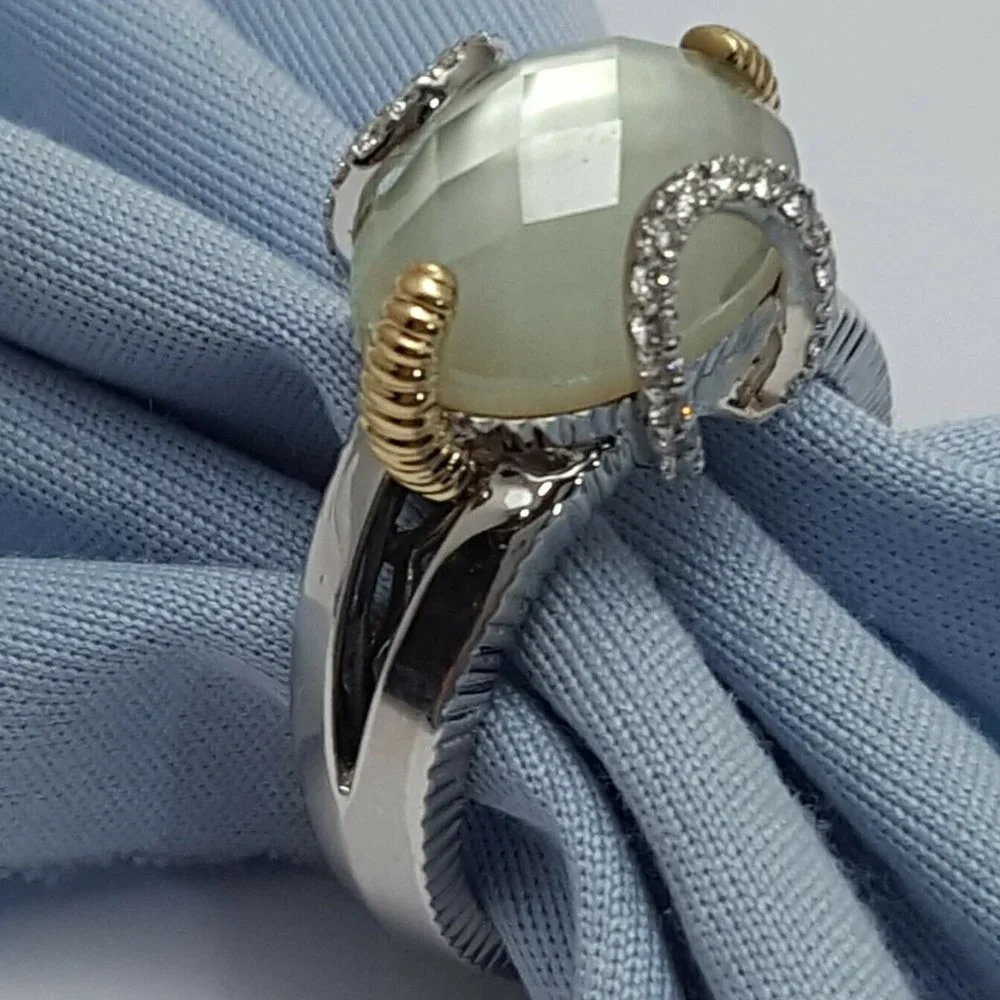 RB Signed Sterling Silver 925 18K Yellow Gold Two Tone Ring w/Diamonds & Crystal